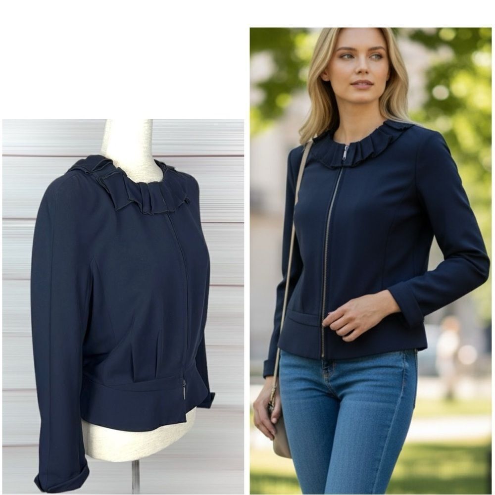 Giorgio Armani Dark Blue Ruffled Collar Full Zip Front Crop Jacket sz 46 US 8-10